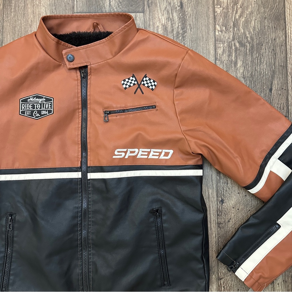 Distortion Faux Fur Lining Faux Leather Racer Motorcycle Jacket Men’s Size M